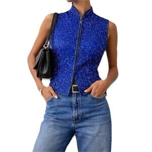 Vtg 90s Y2k Silk Beaded Royal Blue Blouse Mandarin Collar Sz 8 Glam‎ Sue Brett